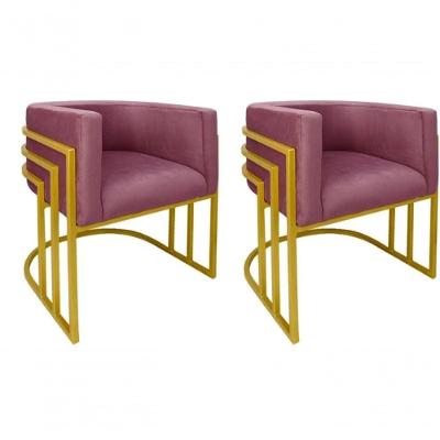 Kit 02 Cadeiras Poltrona Luxo Base De Metal Tripla Dourado Sala De Jantar Cozinha Recepção Veludo Rose Eli Móveis