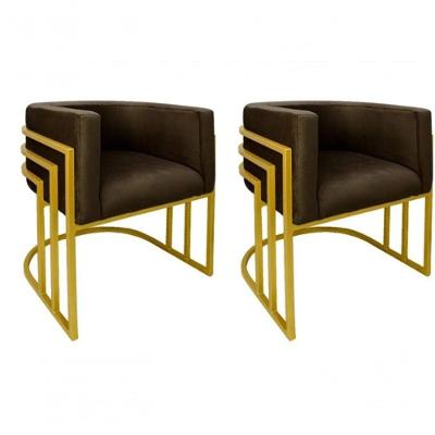 Kit 02 Cadeiras Poltrona Luxo Base De Metal Tripla Dourado Sala De Jantar Cozinha Recepção Veludo Marrom Eli Móveis