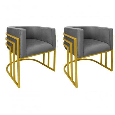 Kit 02 Cadeiras Poltrona Luxo Base De Metal Tripla Dourado Sala De Jantar Cozinha Recepção Veludo Grafite Eli Móveis
