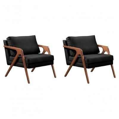 Kit 02 Poltronas Decorativa Mona Luxo Base De Madeira Maciça Sala Recepção Veludo Preto Eli Móveis E Decoração