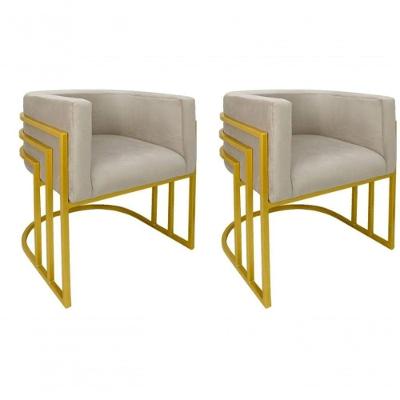 Kit 02 Cadeiras Poltrona Luxo Base De Metal Tripla Dourado Sala De Jantar Cozinha Recepção Veludo Bege Eli Móveis