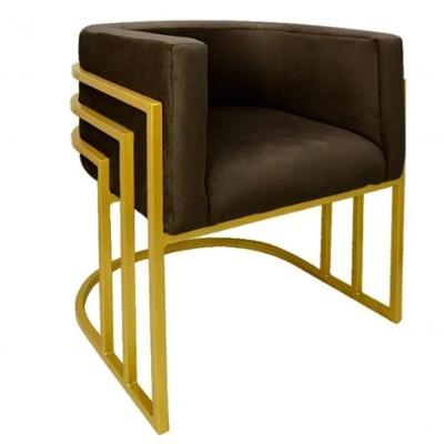 Cadeira Poltrona Luxo Base De Metal Tripla Dourado Sala De Jantar Cozinha Recepção Veludo Marrom Eli Móveis E Decoração