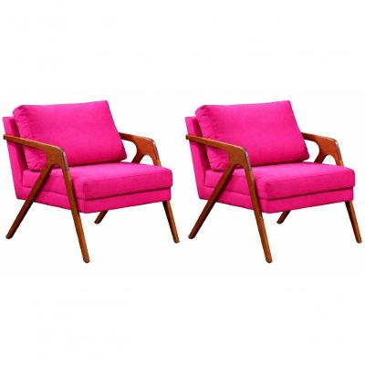 Kit 02 Poltronas Decorativa Mona Luxo Base De Madeira Maciça Sala Recepção Veludo Rosa Pink Eli Móveis E Decoração