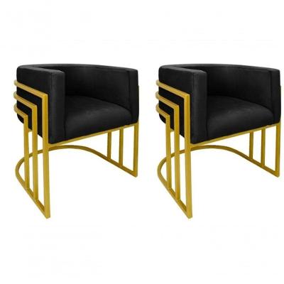 Kit 02 Cadeiras Poltrona Luxo Base De Metal Tripla Dourado Sala De Jantar Cozinha Recepção Veludo Preto Eli Móveis