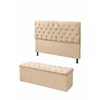 Kit Cabeceira De Cama Box Com Calçadeira Baú Mirage Capitonê 90 Cm Suede Bege Eli Móveis E Decoração