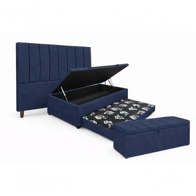 Kit De Quarto Heitor Bicama Baú Solteiro 88 X 188 Cm Cabeceira De Cama E Calçadeira Baú Solteiro 90 Cm Veludo Azul Mar