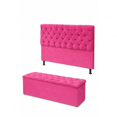 Kit Cabeceira De Cama Box Com Calçadeira Baú Mirage Capitonê King 195 Cm Suede Rosa Pink Eli Móveis E Decoração