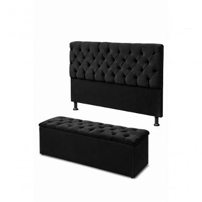 Kit Cabeceira De Cama Box Com Calçadeira Baú Mirage Capitonê Solteiro 90 Cm Suede Preto Eli Móveis E Decoração