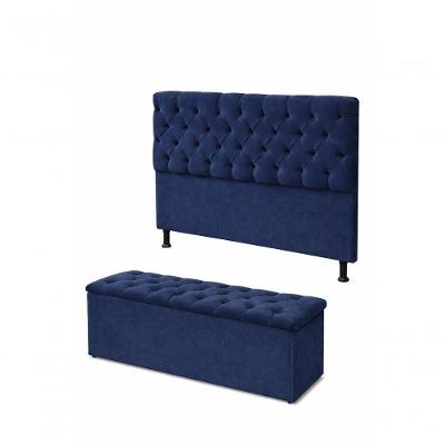 Kit Cabeceira De Cama Box Com Calçadeira Baú Mirage Capitonê King 195 Cm Suede Azul Marinho Eli Móveis E Decoração