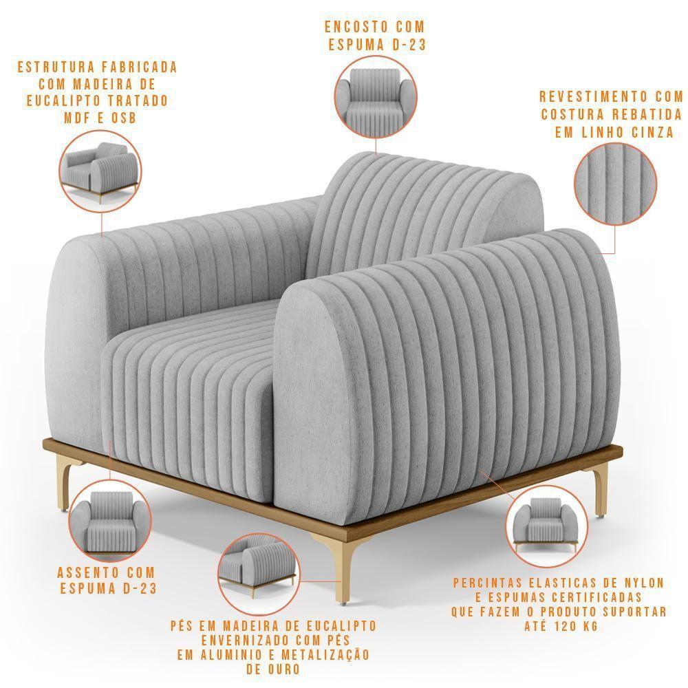 Kit Sofá 3 Lugares 180Cm E Poltrona Molino Cinza D-315 - 8