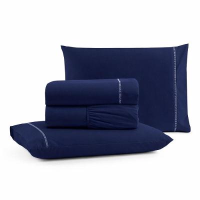 Jogo De Lençol King Premium Soft 600 Fios Micropercal Azul Marinho Ponto Palito Toque Macio 4 Peças