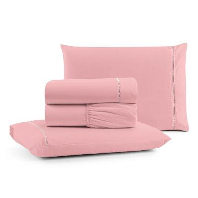 Jogo De Lençol Queen Premium Soft 600 Fios Micropercal Rosa Ponto Palito Toque Macio 4 Peças