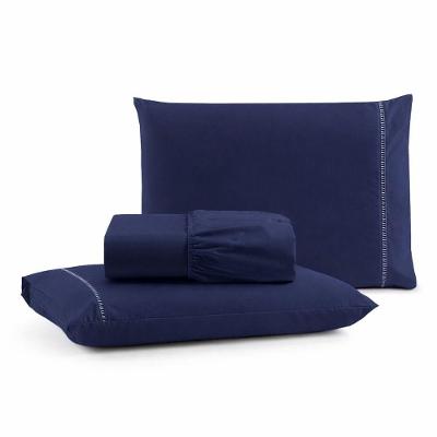 Jogo De Lençol Queen Premium Soft 600 Fios Micropercal Azul Marinho Ponto Palito Toque Macio 3 Peças
