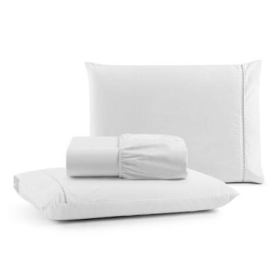 Jogo De Lençol Casal Padrão Premium Soft 600 Fios Micropercal Branco Ponto Palito Toque Macio 3 Peças