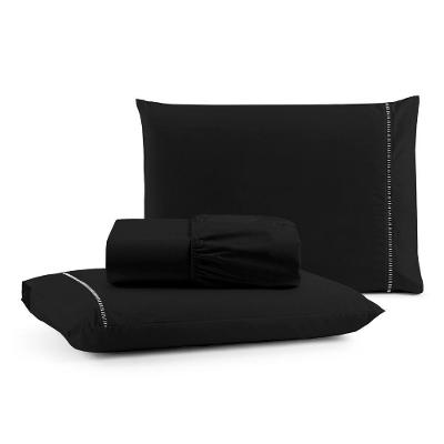 Jogo De Lençol Casal Padrão Premium Soft 600 Fios Micropercal Preto Ponto Palito Toque Macio 3 Peças