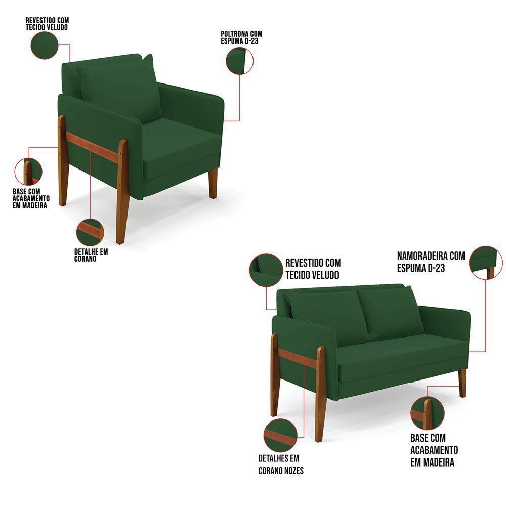 Kit 1 Sofá Namoradeira E 2 Poltronas Lana Veludo Verde Base De Madeira - D'rossi - 5