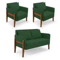 Kit 1 Sofá Namoradeira E 2 Poltronas Lana Veludo Verde Base De Madeira - D'rossi - 1