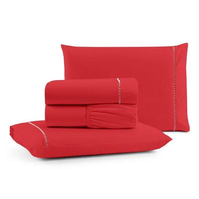 Jogo De Lençol Queen Premium Soft 600 Fios Micropercal Vermelho Ponto Palito Toque Macio 4 Peças