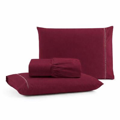 Jogo De Lençol Casal Padrão Premium Soft 600 Fios Micropercal Bordô Ponto Palito Toque Macio 3 Peças