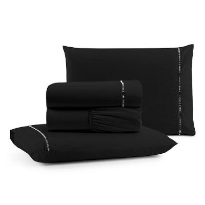 Jogo De Lençol Queen Premium Soft 600 Fios Micropercal Preto Ponto Palito Toque Macio 4 Peças