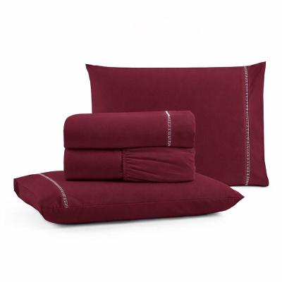 Jogo De Lençol King Premium Soft 600 Fios Micropercal Bordô Ponto Palito Toque Macio 4 Peças