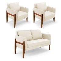 Kit 1 Sofá Namoradeira E 2 Poltronas Lana Veludo Bege Base De Madeira - D'rossi - 1