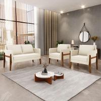 Kit 1 Sofá Namoradeira E 2 Poltronas Lana Veludo Bege Base De Madeira - D'rossi - 8