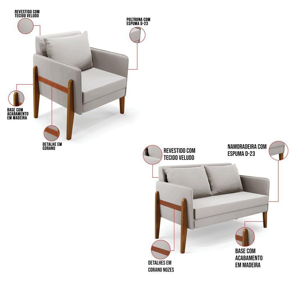 Kit 1 Sofá Namoradeira E 2 Poltronas Lana Veludo Cinza Base De Madeira - D'rossi - 5