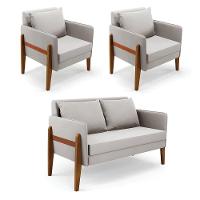 Kit 1 Sofá Namoradeira E 2 Poltronas Lana Veludo Cinza Base De Madeira - D'rossi - 1