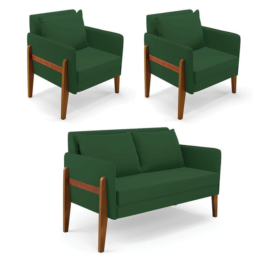 Kit 1 Sofá Namoradeira E 2 Poltronas Lana Veludo Base De Madeira - D'rossi Cor Verde - 1
