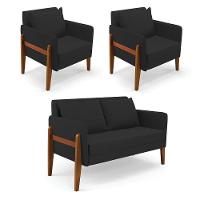 Kit 1 Sofá Namoradeira E 2 Poltronas Lana Veludo Base De Madeira - D'rossi Cor Preto - 1