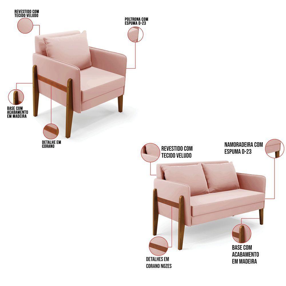 Kit 1 Sofá Namoradeira E 2 Poltronas Lana Veludo Base De Madeira - D'rossi Cor Rose - 6