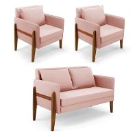 Kit 1 Sofá Namoradeira E 2 Poltronas Lana Veludo Base De Madeira - D'rossi Cor Rose - 1