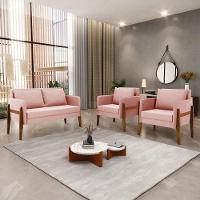 Kit 1 Sofá Namoradeira E 2 Poltronas Lana Veludo Base De Madeira - D'rossi Cor Rose - 9