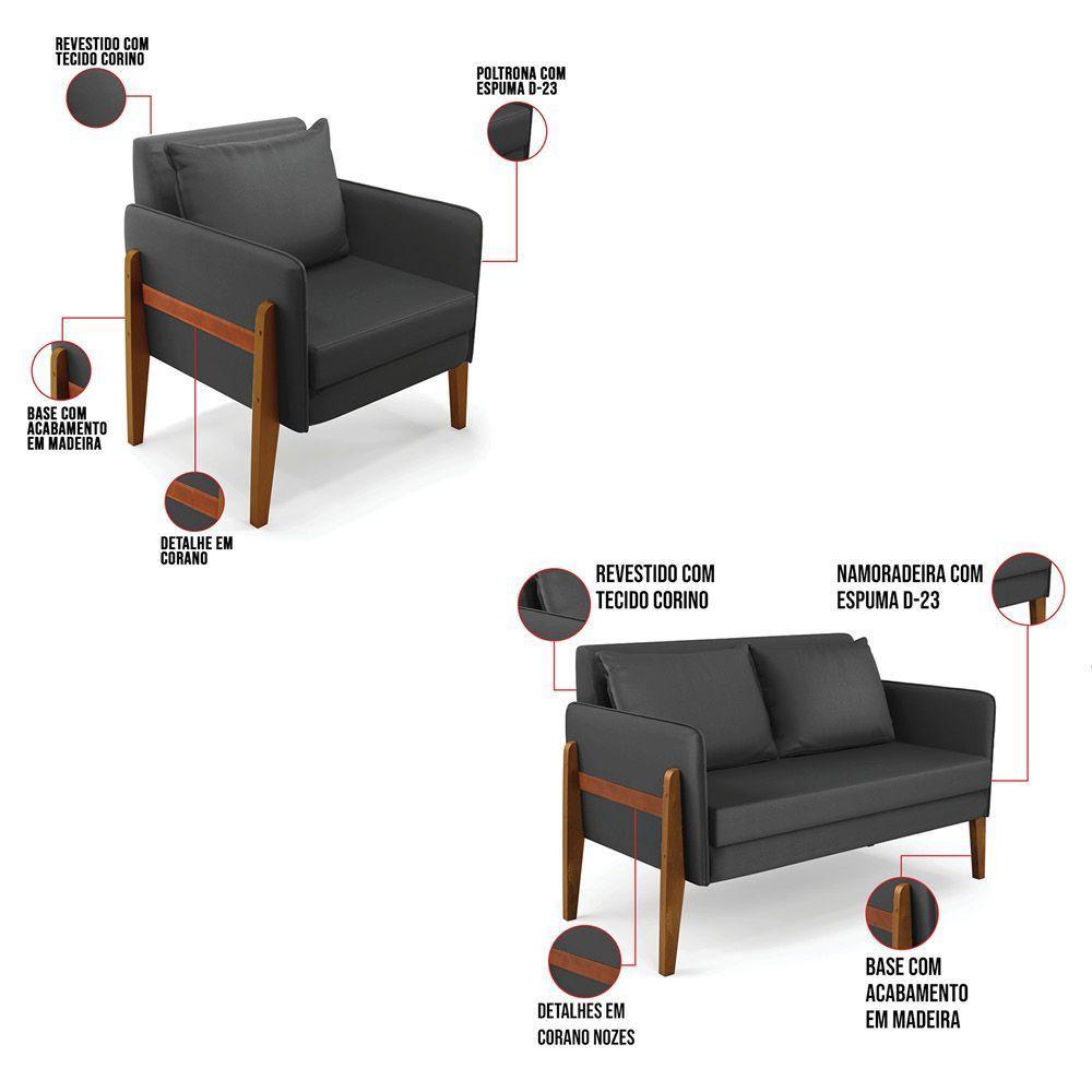 Kit 1 Sofá Namoradeira E 2 Poltronas Lana Corino Preto Base De Madeira - D'Rossi - 5