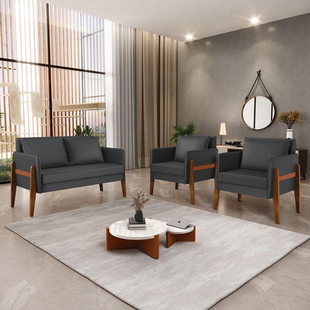 Kit 1 Sofá Namoradeira E 2 Poltronas Lana Corino Preto Base De Madeira - D'Rossi - 8