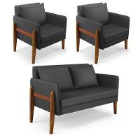 Kit 1 Sofá Namoradeira E 2 Poltronas Lana Corino Preto Base De Madeira - D'Rossi - 1