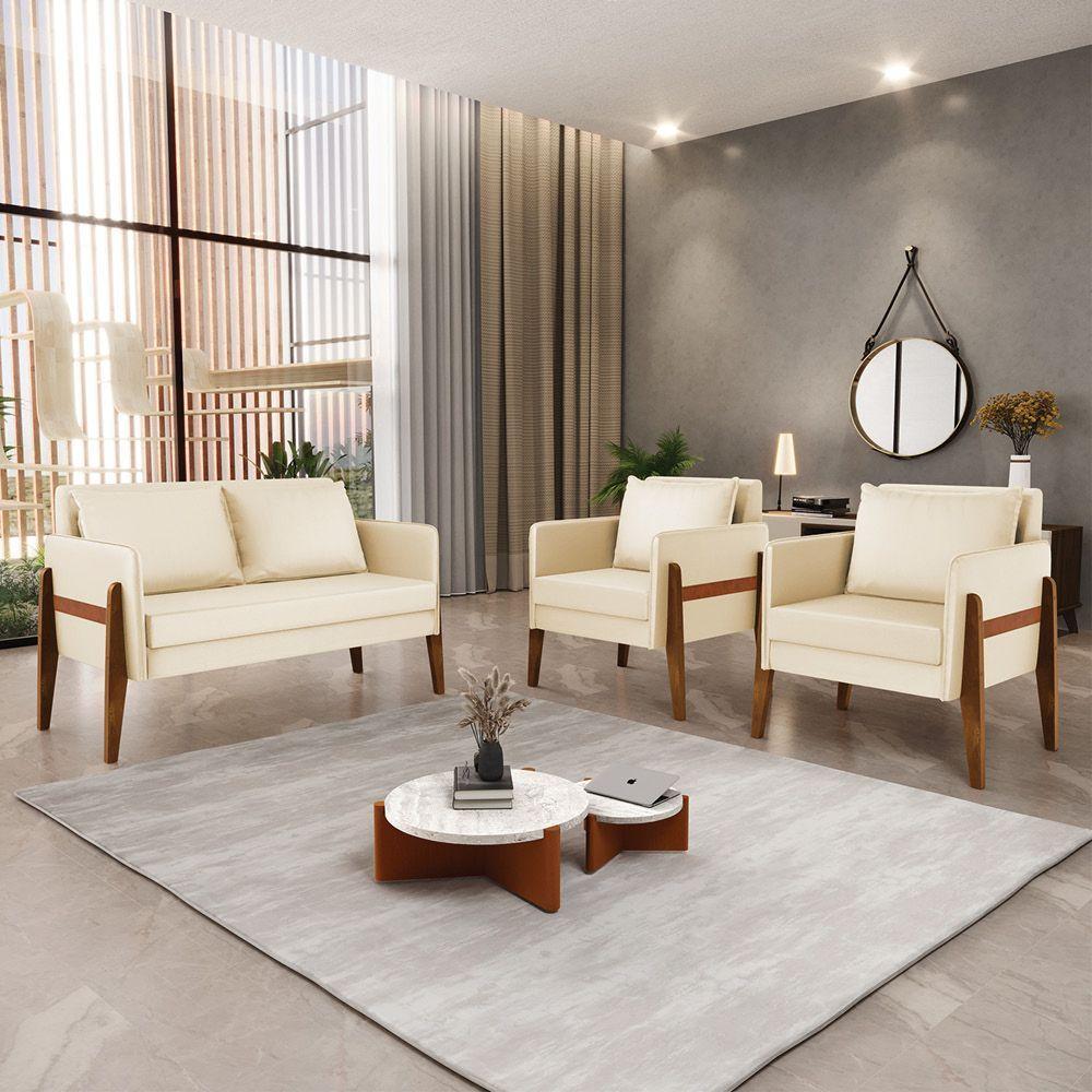 Kit 1 Sofá Namoradeira E 2 Poltronas Lana Corino Base De Madeira - D'Rossi Bege - 4