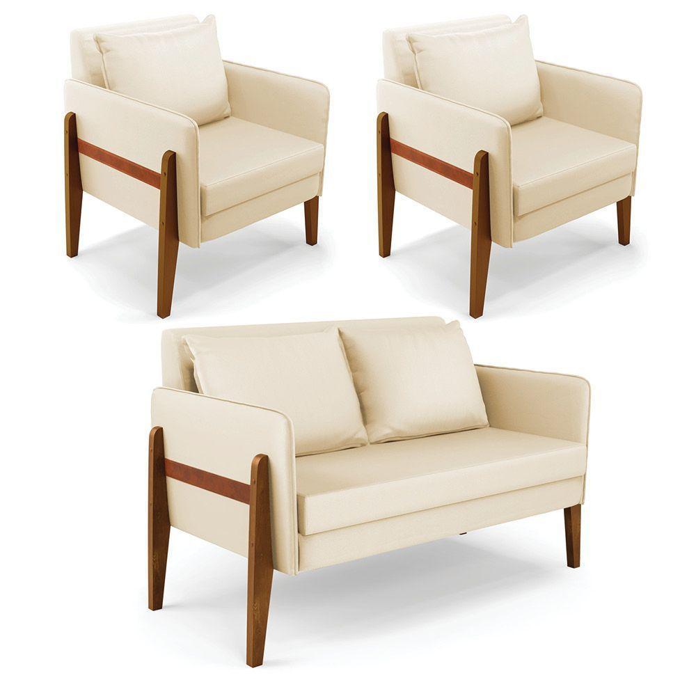 Kit 1 Sofá Namoradeira E 2 Poltronas Lana Corino Base De Madeira - D'Rossi Bege - 5