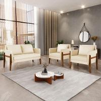 Kit 1 Sofá Namoradeira E 2 Poltronas Lana Corino Base De Madeira - D'Rossi Bege