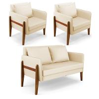 Kit 1 Sofá Namoradeira E 2 Poltronas Lana Corino Base De Madeira - D'Rossi Bege - 5