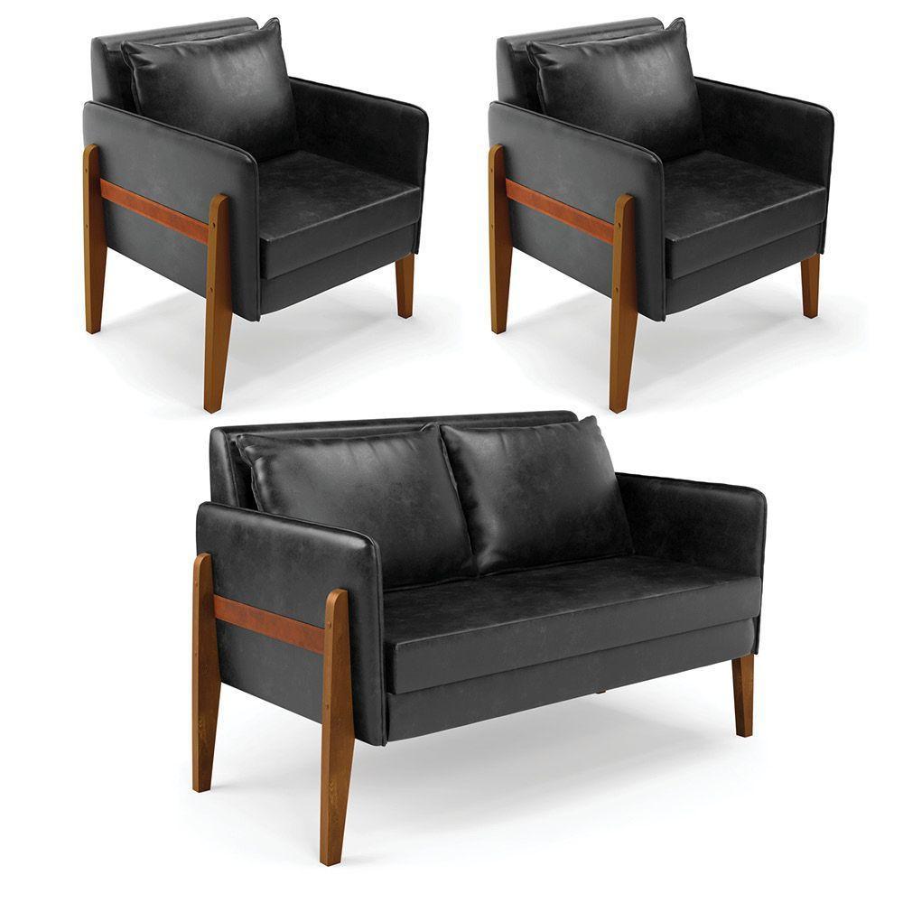 Kit 1 Sofá Namoradeira E 2 Poltronas Lana Corano Preto Base De Madeira - D'Rossi - 1