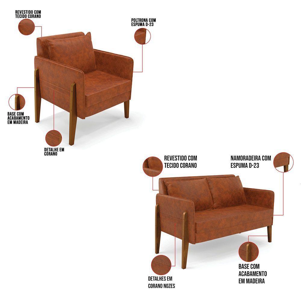 Kit 1 Sofá Namoradeira E 1 Poltrona Lana Corano Base De Madeira - D'Rossi Nozes - 5
