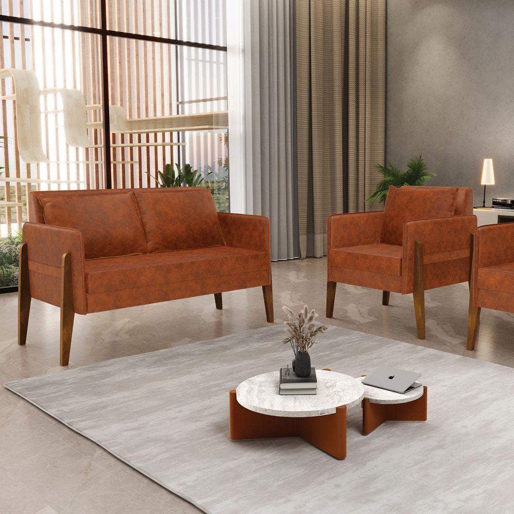 Kit 1 Sofá Namoradeira E 1 Poltrona Lana Corano Base De Madeira - D'Rossi Nozes - 8