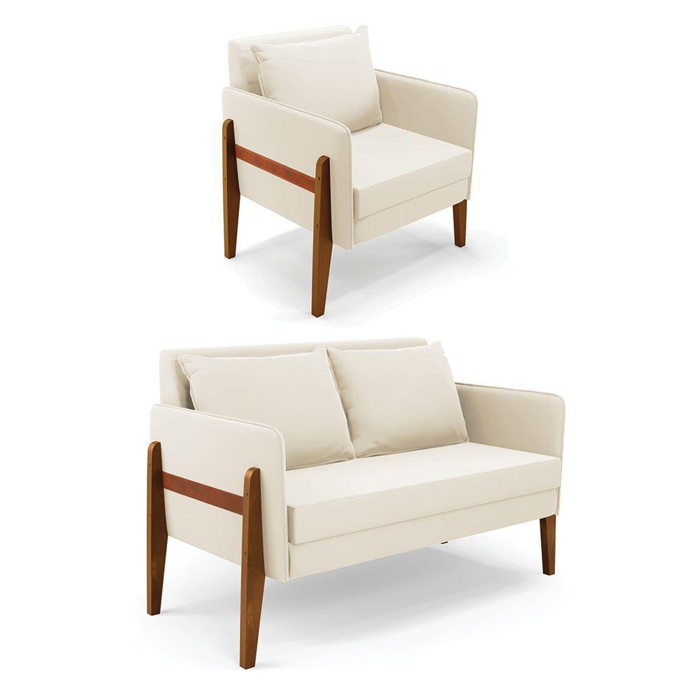 Kit 1 Sofá Namoradeira E 1 Poltrona Lana Veludo Base De Madeira - D'rossi Cor Bege - 1