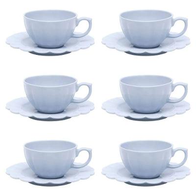 Conjunto de Xícara de Chá com Pires Flora Áster Porcelana 6 Peças Azul Claro Oxford