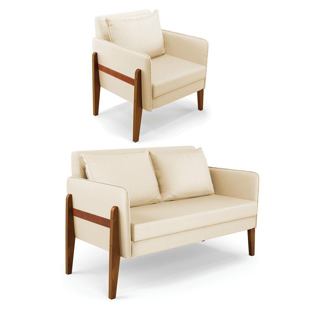Kit 1 Sofá Namoradeira E 1 Poltrona Lana Corino Bege Base De Madeira - D'rossi - 1