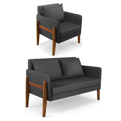 Kit 1 Sofá Namoradeira E 1 Poltrona Lana Corino Base De Madeira - D'rossi Cor Preto