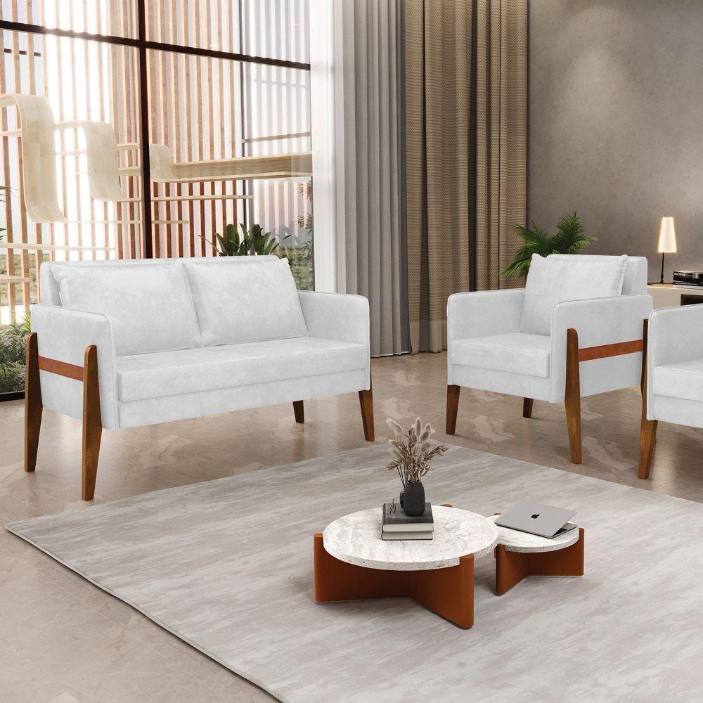 Kit 1 Sofá Namoradeira E 1 Poltrona Lana Corano Branco Base De Madeira - D'Rossi - 8