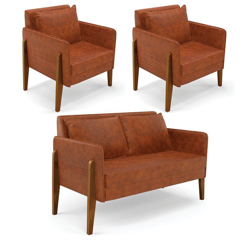 Kit 1 Sofá Namoradeira E 2 Poltronas Lana Corano Nozes Base De Madeira - D'Rossi - 1